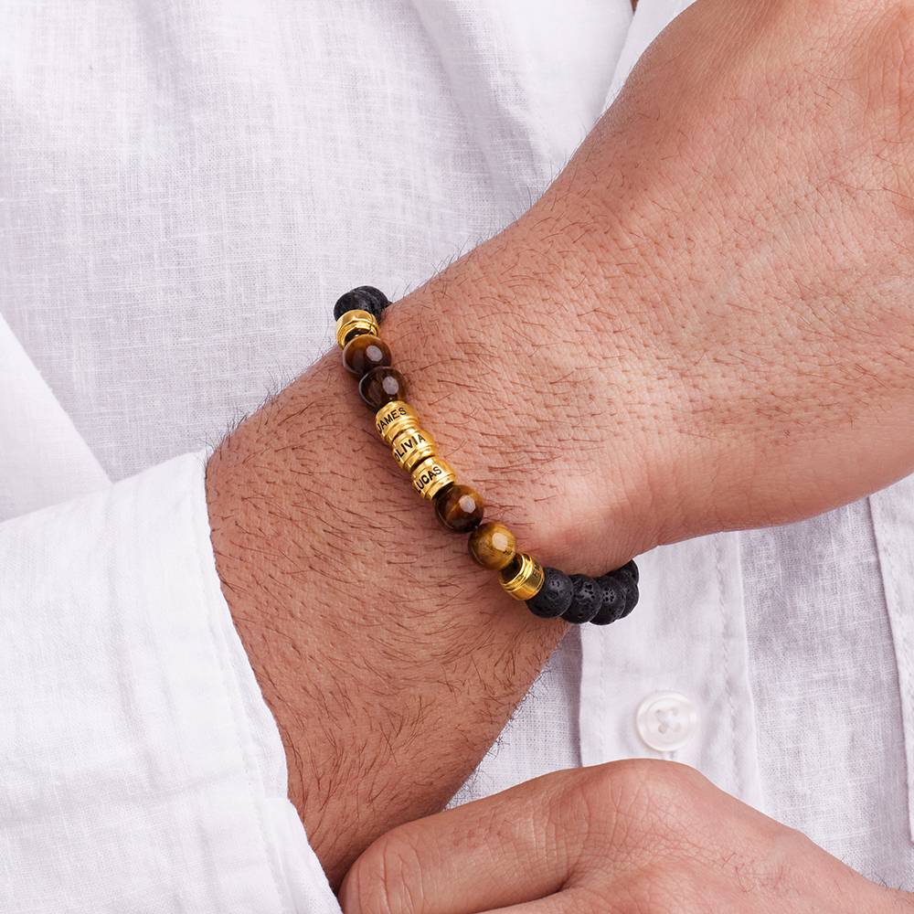 Pulsera de Lava y Ojo de Tigre para Hombres con Cuentas Grabadas en Baño de Oro-4 foto de producto