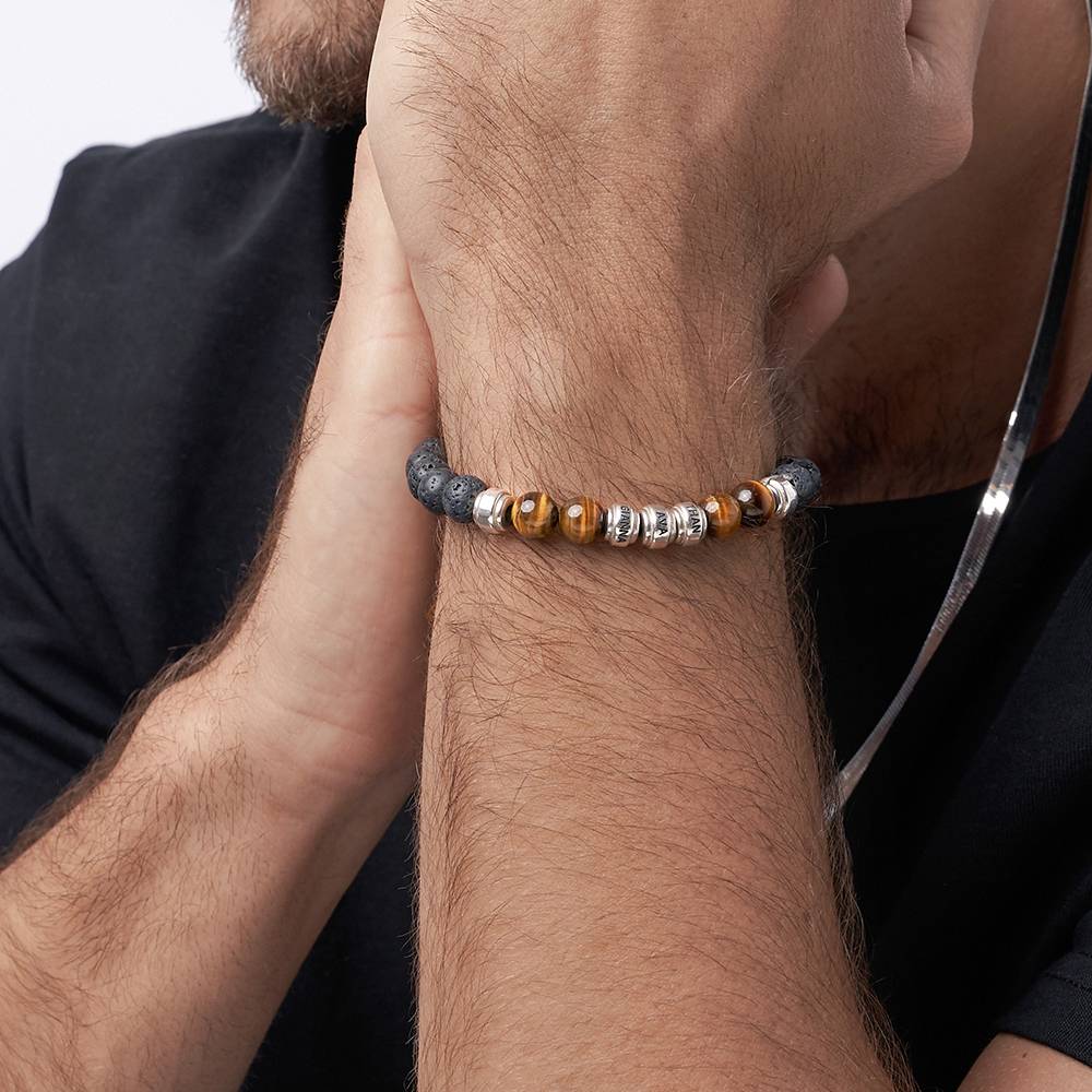Pulsera de Lava y Ojo de Tigre para Hombres con Cuentas Grabadas en Plata-3 foto de producto