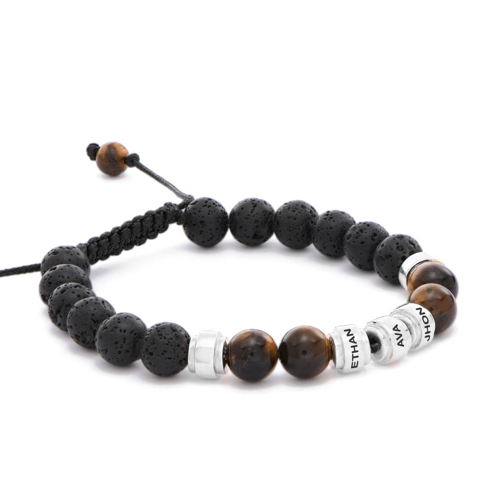 Pulsera de Lava y Ojo de Tigre para Hombres con Cuentas Grabadas en Plata-4 foto de producto