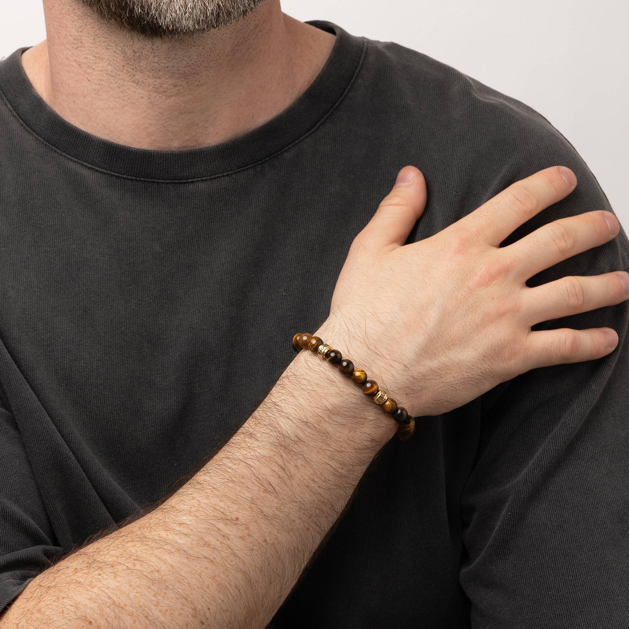 Pulsera Personalizada Leo con Piedras Ojo de Tigre para Hombre en Baño de Oro-2 foto de producto