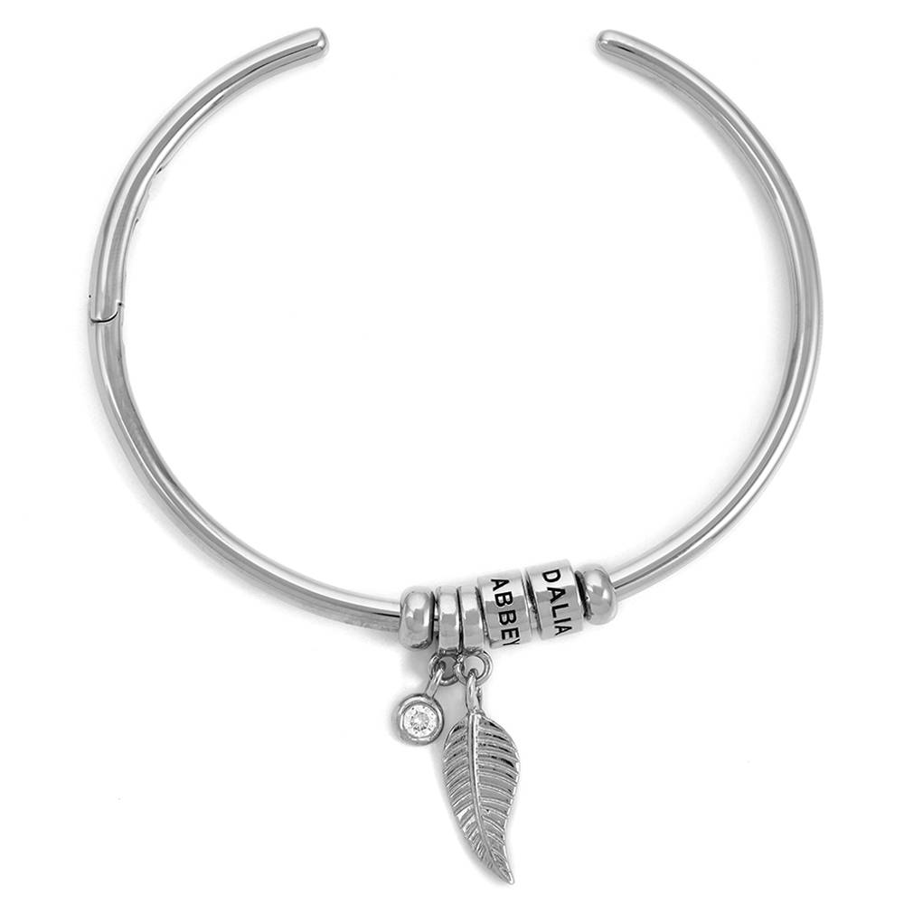 Pulsera Abierto Linda  con 0.10ct Diamante y Cuentas Grabadas en Plata Esterlina-3 foto de producto