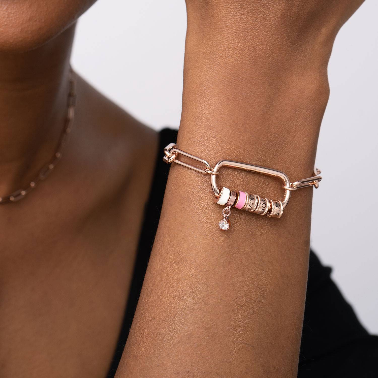 Pulsera Oval  Linda con Borche y Diamante en Chapa de Oro Rosa-1 foto de producto