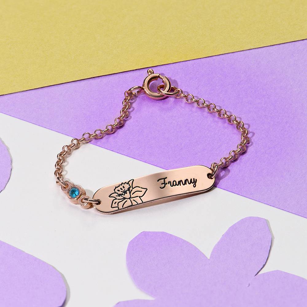 Pulsera Lyla con Nombre de Bebé con Flor y Piedra de Nacimiento en Chapa de Oro Rosa-3 Pulsera Lyla con Nombre de Bebé con Flor y Piedra de Nacimiento en Chapa de Oro Rosa-3 foto de producto
