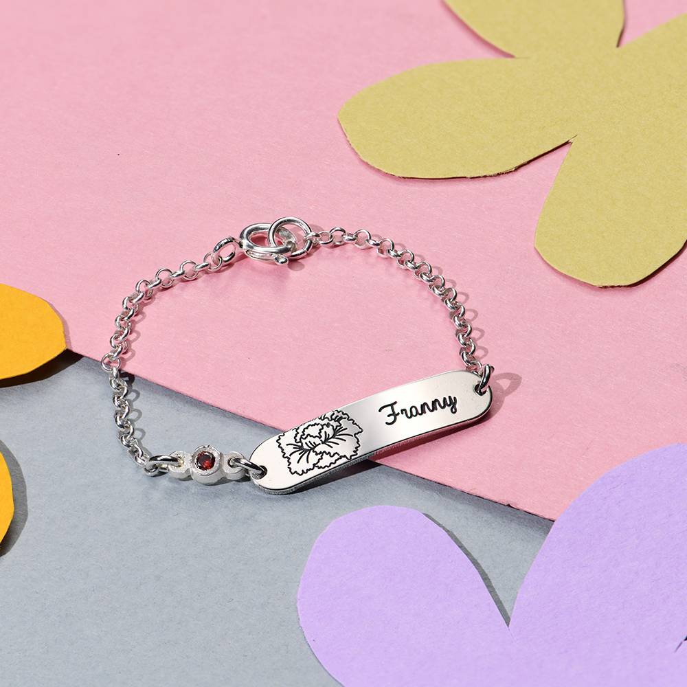 Pulsera Lyla con Nombre de Bebé con Flor y Piedra de Nacimiento en Plata Esterlina-3 foto de producto