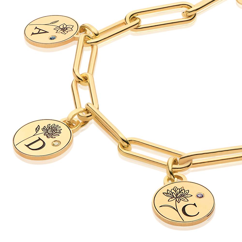 Pulsera con Iniciales, Flores y Piedras de Nacimiento en Vermeil de Oro-3 Pulsera con Iniciales, Flores y Piedras de Nacimiento en Vermeil de Oro-3 foto de producto