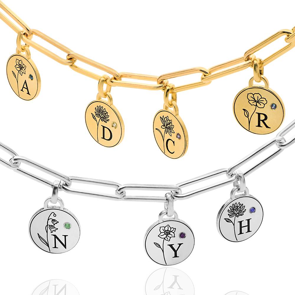 Pulsera con Iniciales, Flores y Piedras de Nacimiento en Vermeil de Oro-1 Pulsera con Iniciales, Flores y Piedras de Nacimiento en Vermeil de Oro-1 foto de producto