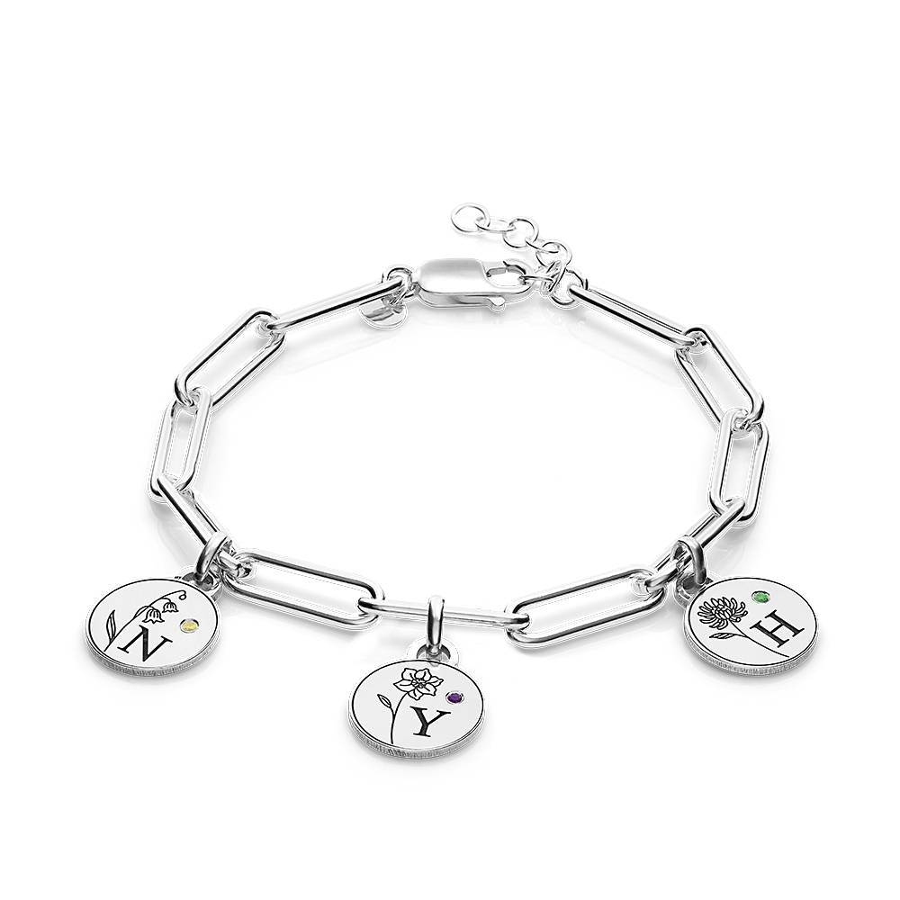 Pulsera con Iniciales, Flores y Piedras de Nacimiento en Plata Esterlina-2 foto de producto