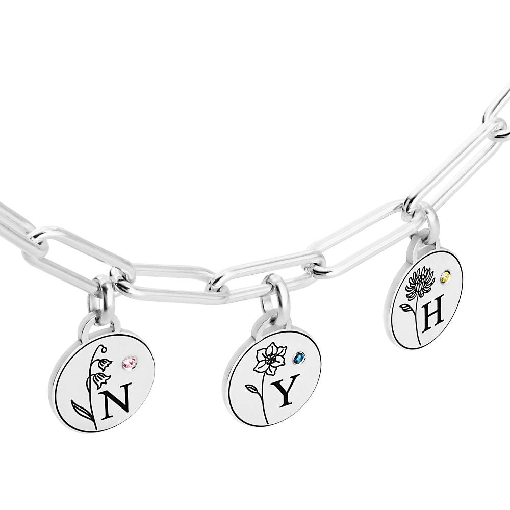 Pulsera con Iniciales, Flores y Piedras de Nacimiento en Plata Esterlina-6 foto de producto