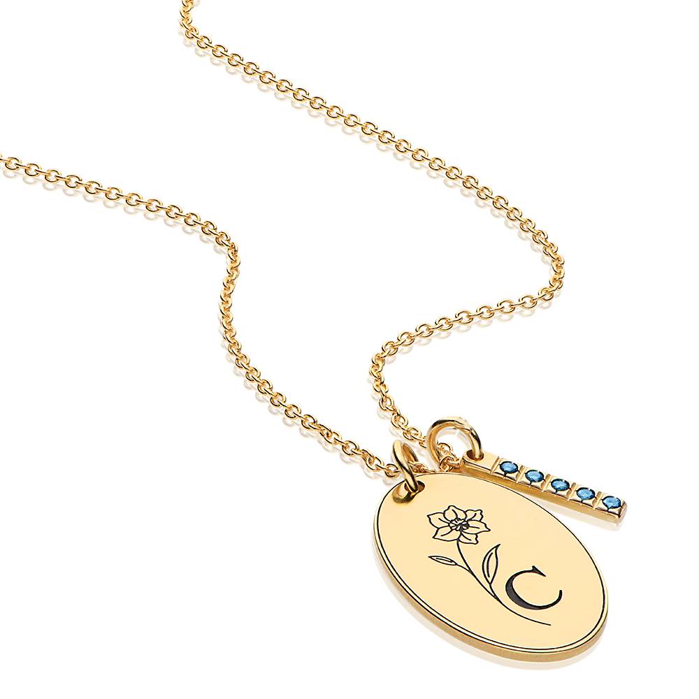Collar con Inicial y Flor de Nacimiento Grabados y Piedras en Vermeil de Oro-1 foto de producto