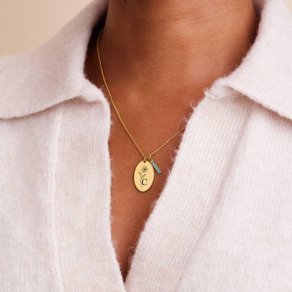 Collar con Inicial y Flor de Nacimiento Grabados y Piedras en Vermeil de Oro-3 foto de producto