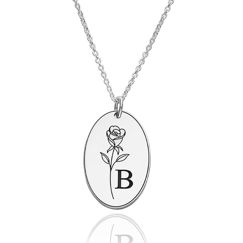 Collar con Inicial y Flor de Nacimiento Grabados en Plata Esterlina-6 Collar con Inicial y Flor de Nacimiento Grabados en Plata Esterlina-6 foto de producto
