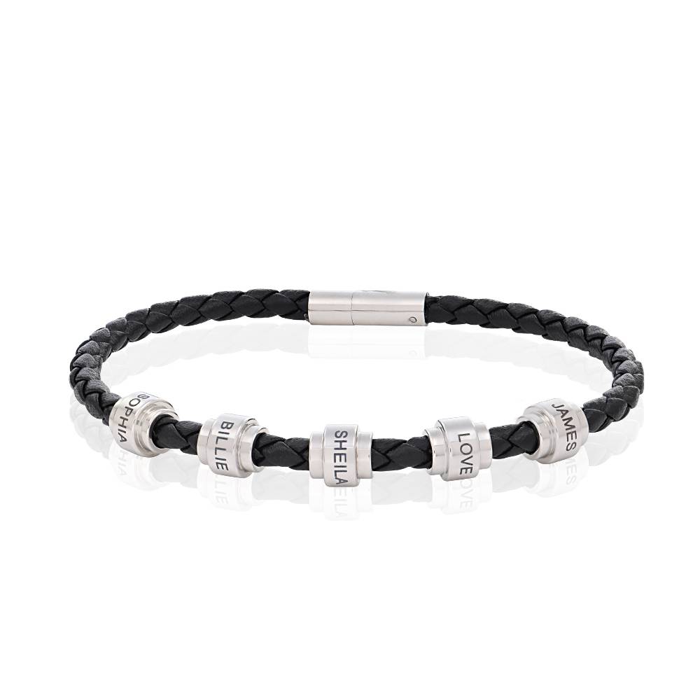 Pulsera de Cuero Trenzado Negro para Hombre con Cuentas Personalizadas en Acero Inoxidable-4 foto de producto