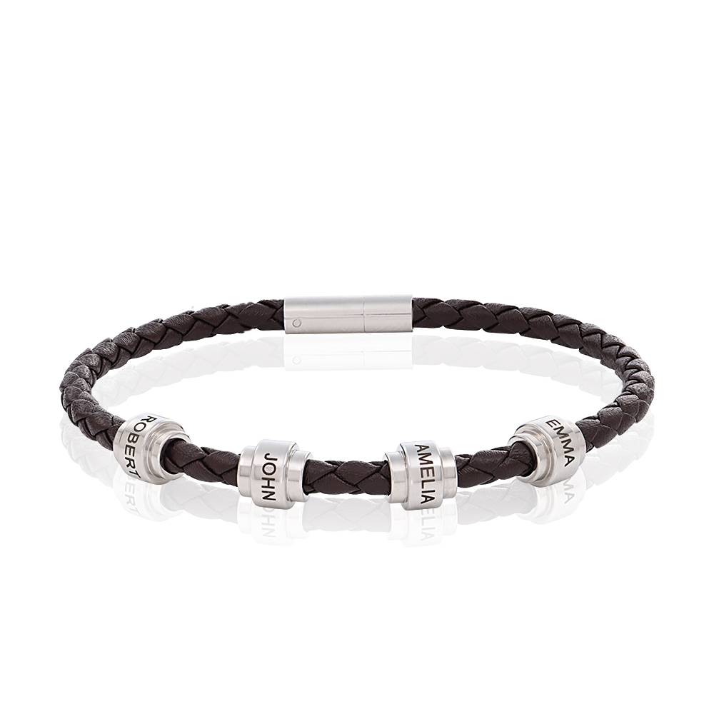 Pulsera de Cuero Trenzado Marrón para Hombre con Cuentas Personalizadas en Acero Inoxidable-5 foto de producto