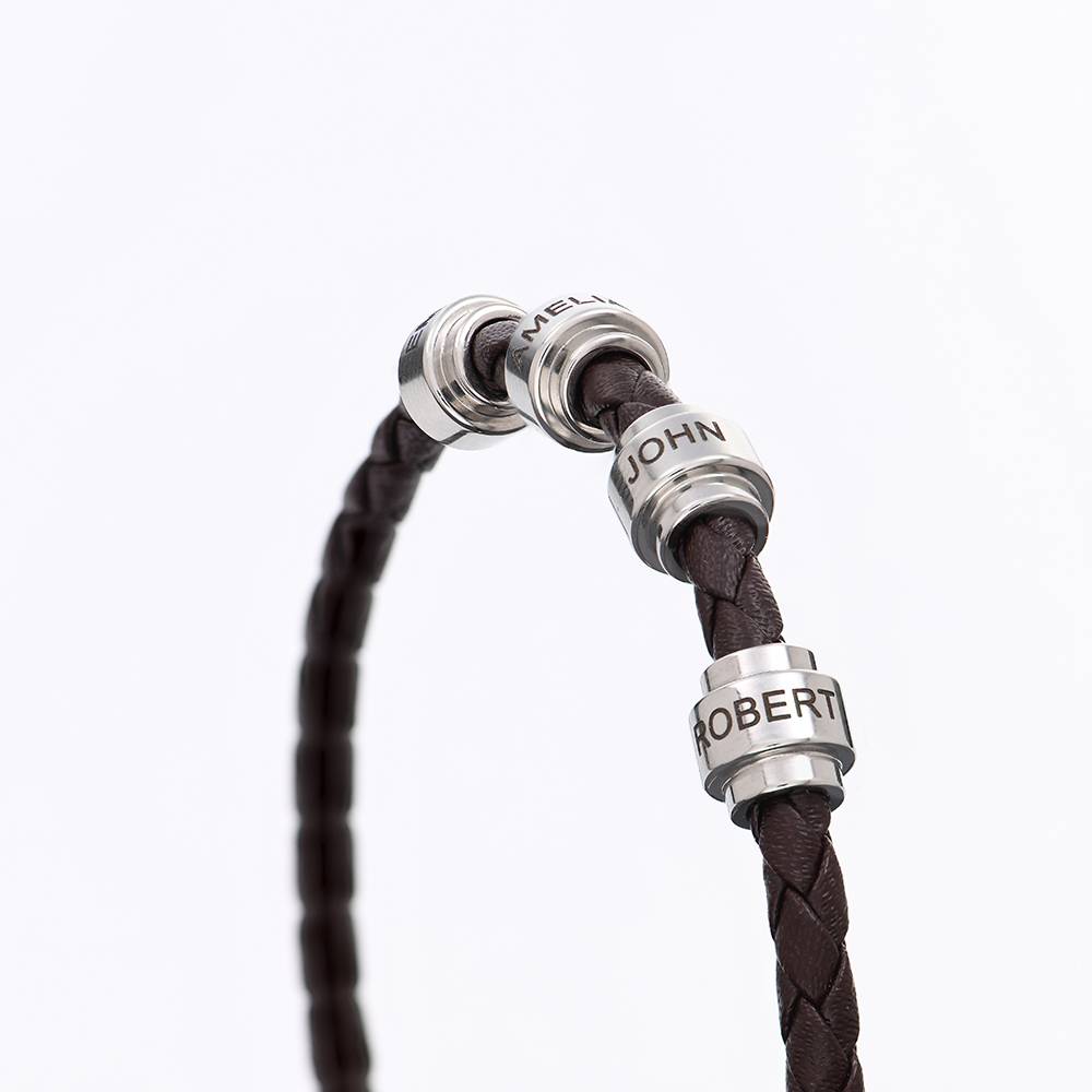 Pulsera de Cuero Trenzado Marrón para Hombre con Cuentas Personalizadas en Acero Inoxidable-1 foto de producto