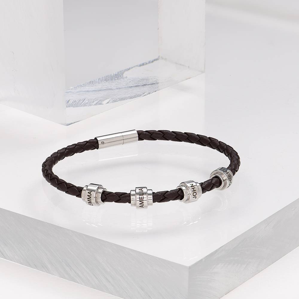 Pulsera de Cuero Trenzado Marrón para Hombre con Cuentas Personalizadas en Acero Inoxidable-2 foto de producto