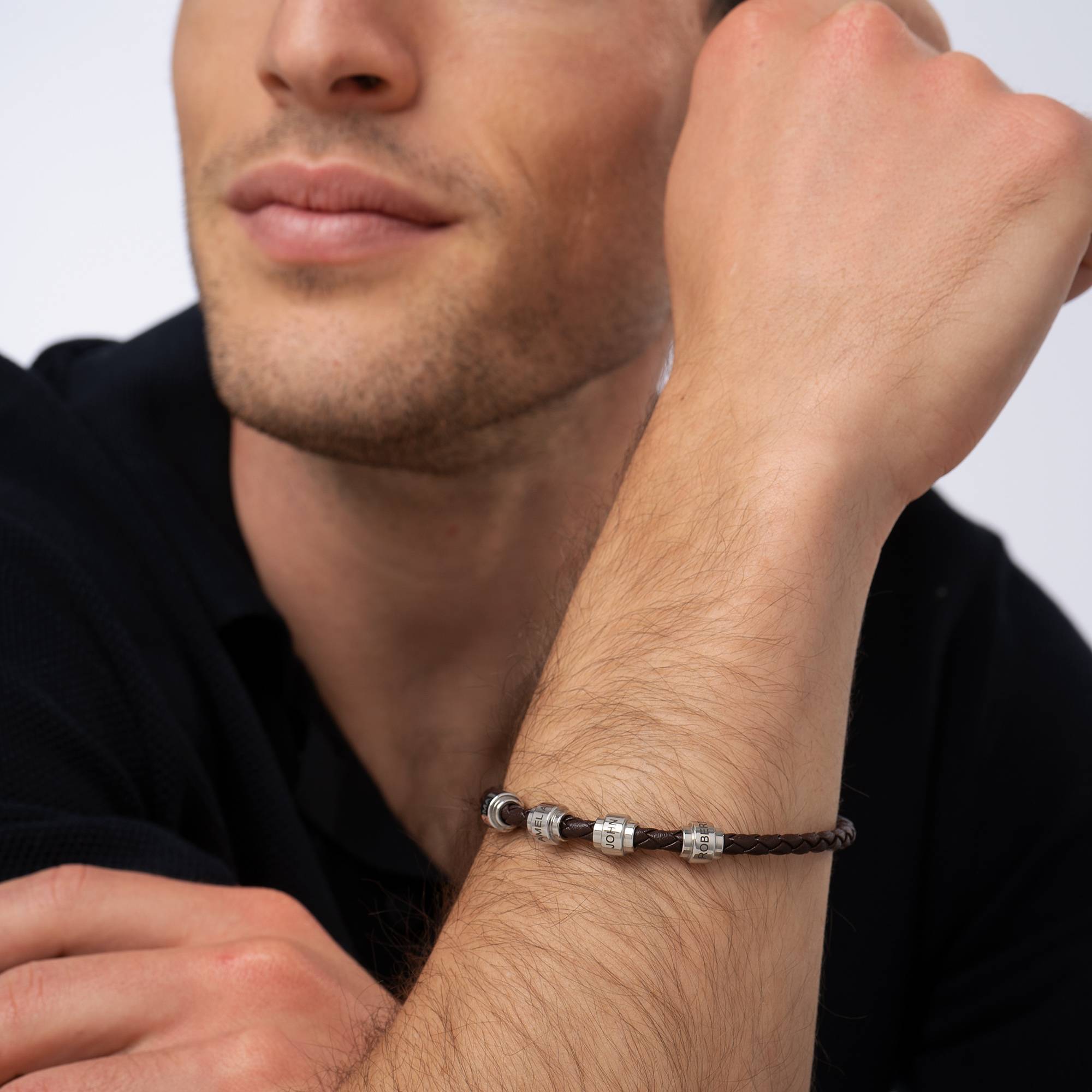 Pulsera de Cuero Trenzado Marrón para Hombre con Cuentas Personalizadas en Acero Inoxidable-3 foto de producto