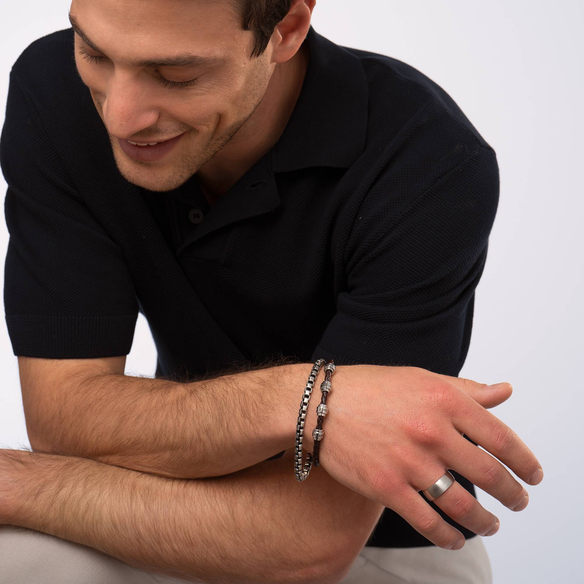 Pulsera de Cuero Trenzado Marrón para Hombre con Cuentas Personalizadas en Acero Inoxidable-6 foto de producto