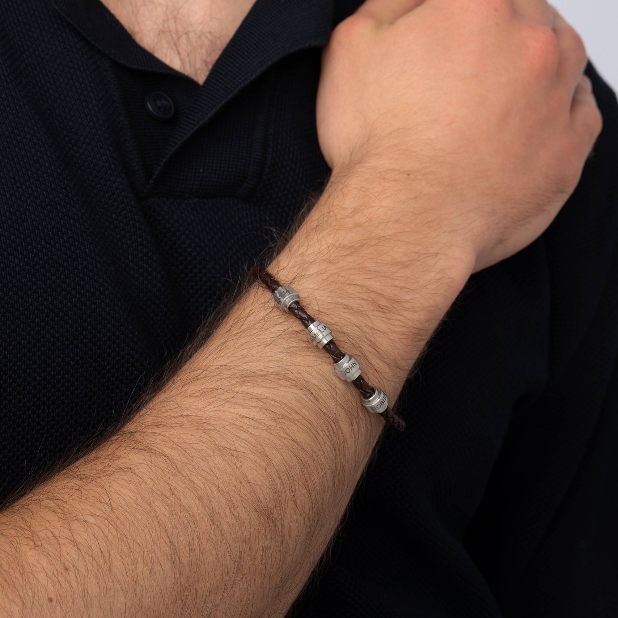 Pulsera de Cuero Trenzado Marrón para Hombre con Cuentas Personalizadas en Acero Inoxidable-4 foto de producto