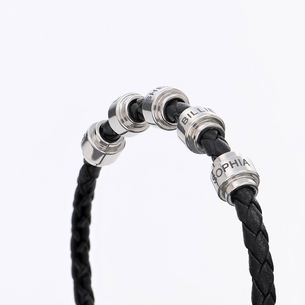 Pulsera de Cuero Trenzado Negro para Hombre con Cuentas Personalizadas en Acero Inoxidable-1 foto de producto