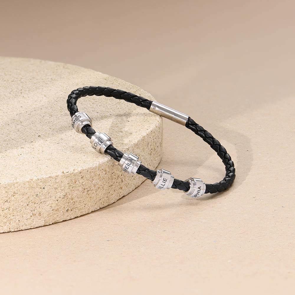 Pulsera de Cuero Trenzado Negro para Hombre con Cuentas Personalizadas en Acero Inoxidable-5 foto de producto