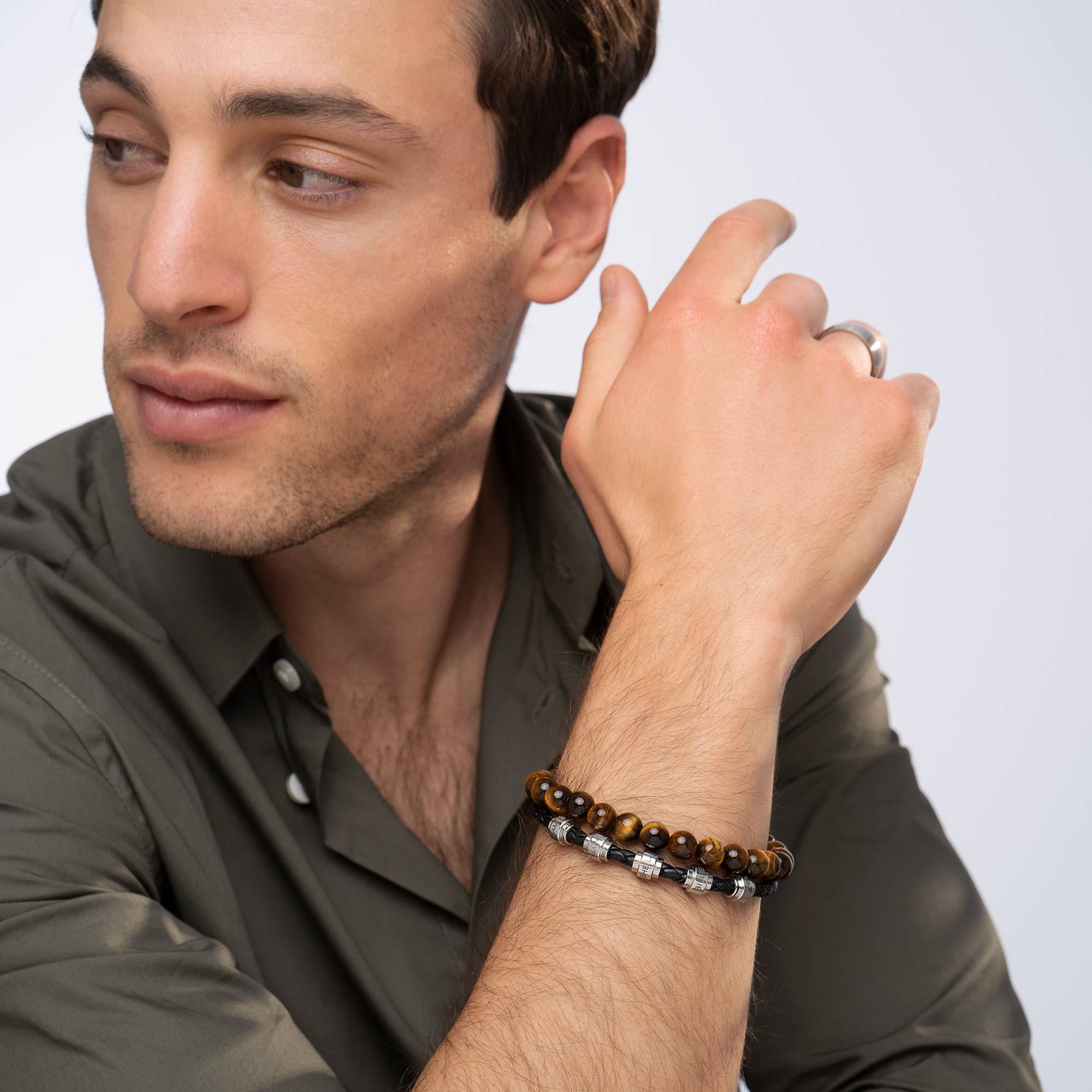 Pulsera de Cuero Trenzado Negro para Hombre con Cuentas Personalizadas en Acero Inoxidable-2 foto de producto