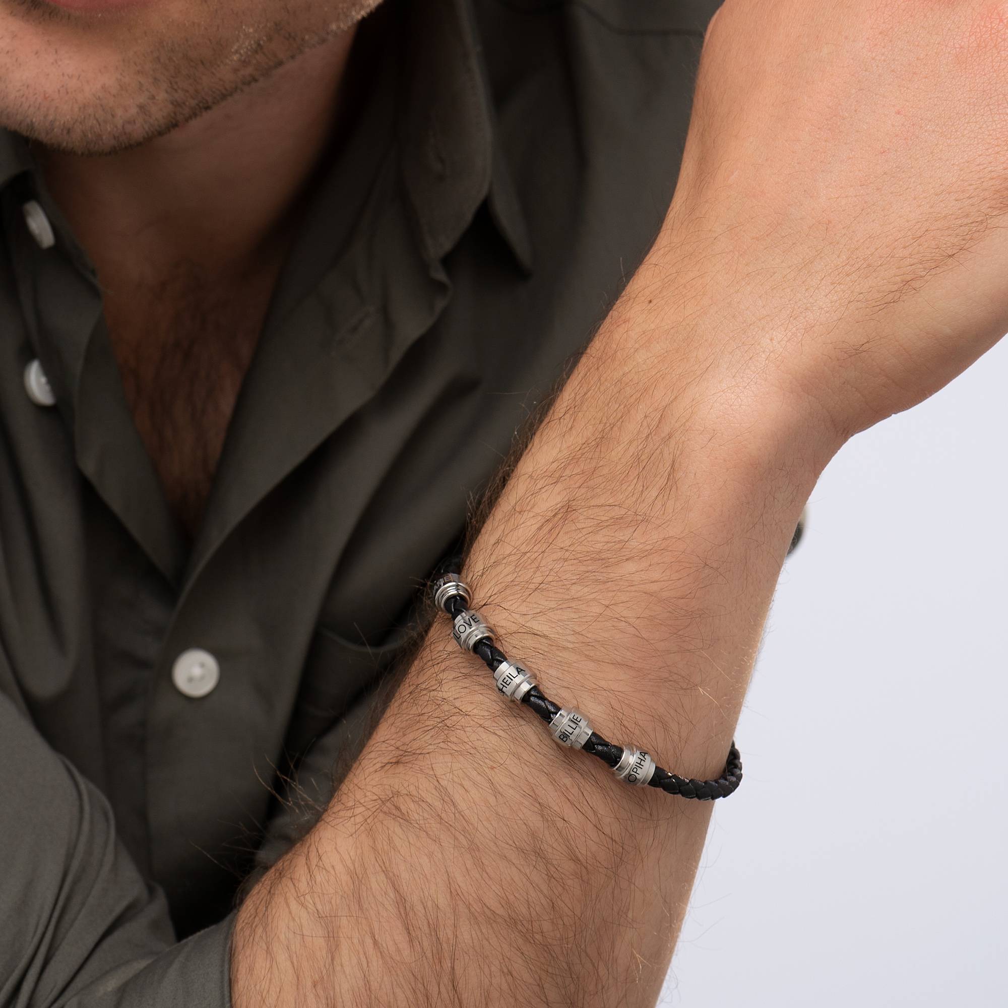 Pulsera de Cuero Trenzado Negro para Hombre con Cuentas Personalizadas en Acero Inoxidable-6 foto de producto