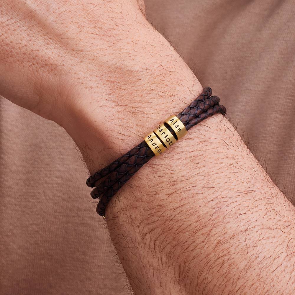 Pulsera de Cuero Marrón Trenzado Navigator con Cuentas Grabadas en Baño de Oro-4 foto de producto