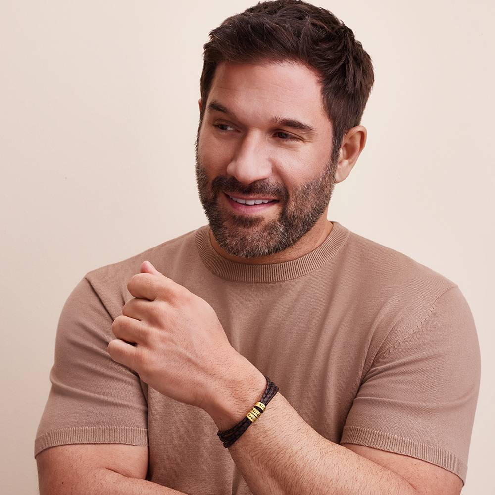Pulsera de Cuero Marrón Trenzado Navigator con Cuentas Grabadas en Vermeil de Oro-5 foto de producto