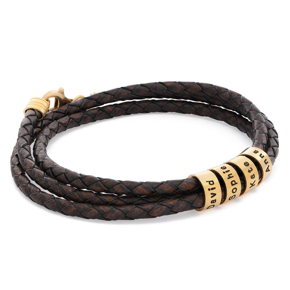 Pulsera de Cuero Marrón Trenzado Navigator con Cuentas Grabadas en Vermeil de Oro-3 foto de producto