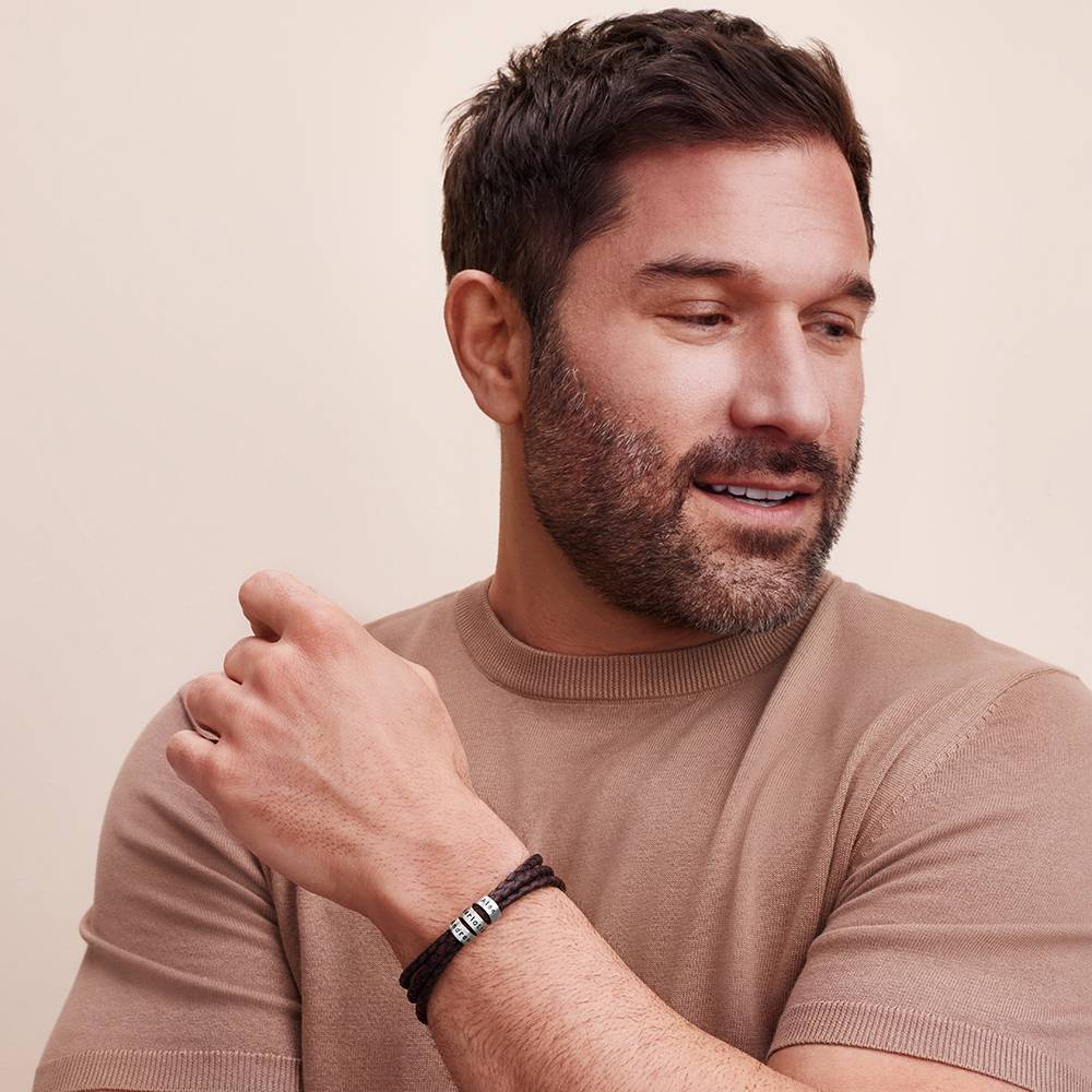 Pulsera de Cuero Marrón Trenzado Navigator con Cuentas Grabadas en Plata-5 foto de producto