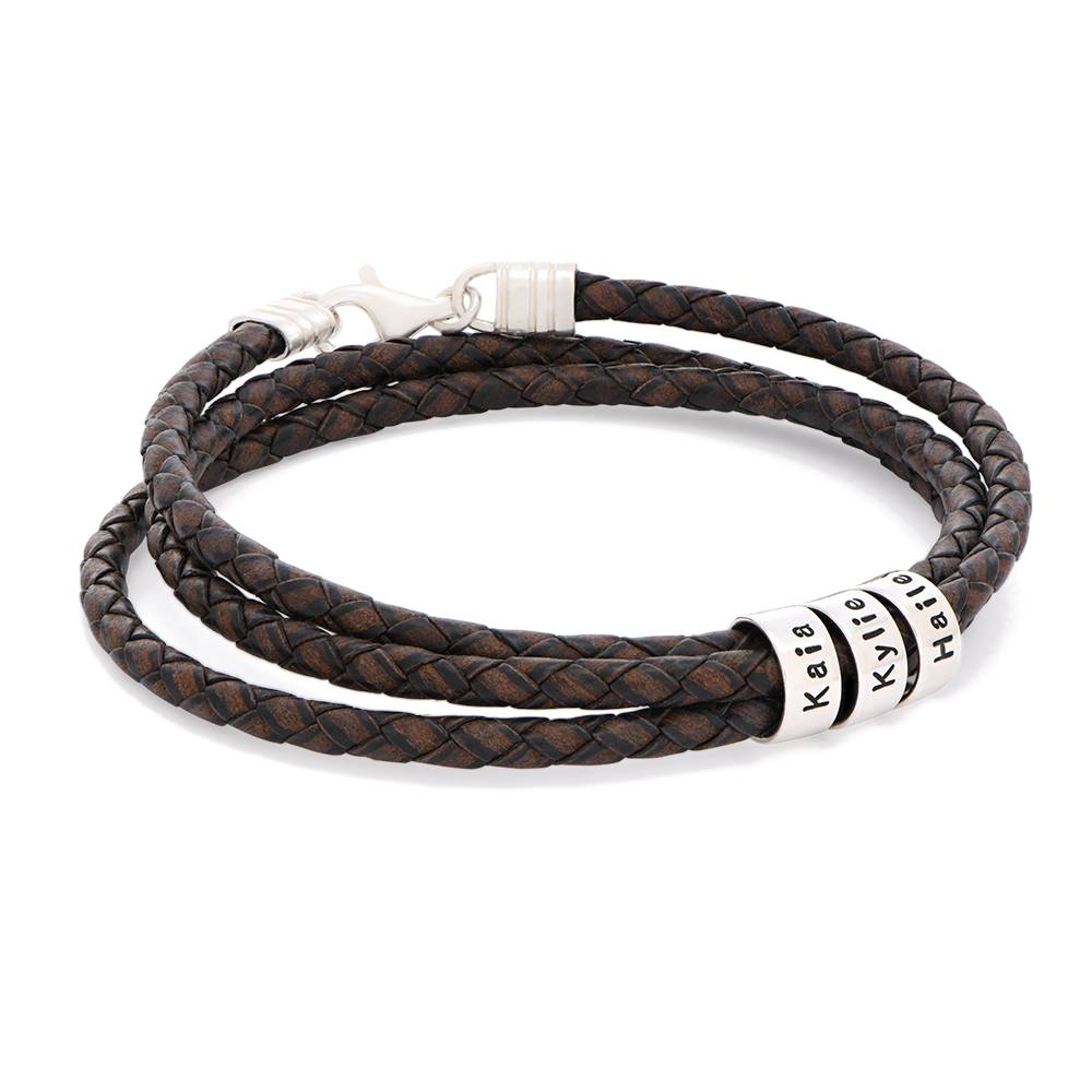 Pulsera de Cuero Marrón Trenzado Navigator con Cuentas Grabadas en Plata-2 foto de producto