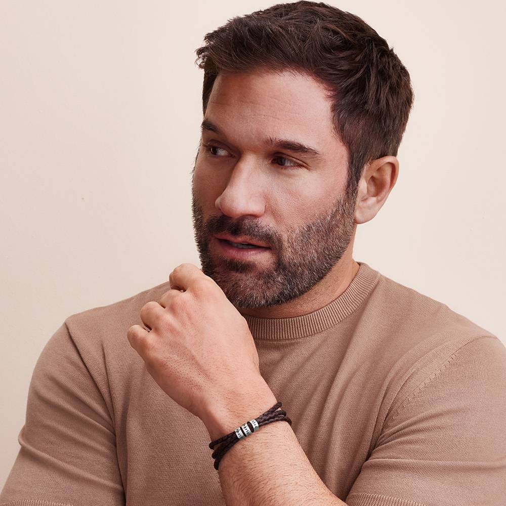 Pulsera de Cuero Marrón Trenzado Navigator con Cuentas Grabadas en Plata-3 foto de producto