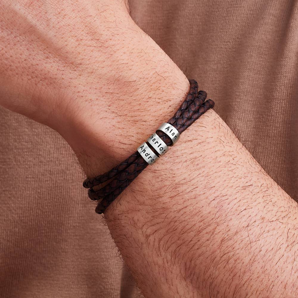 Pulsera de Cuero Marrón Trenzado Navigator con Cuentas Grabadas en Plata-4 foto de producto
