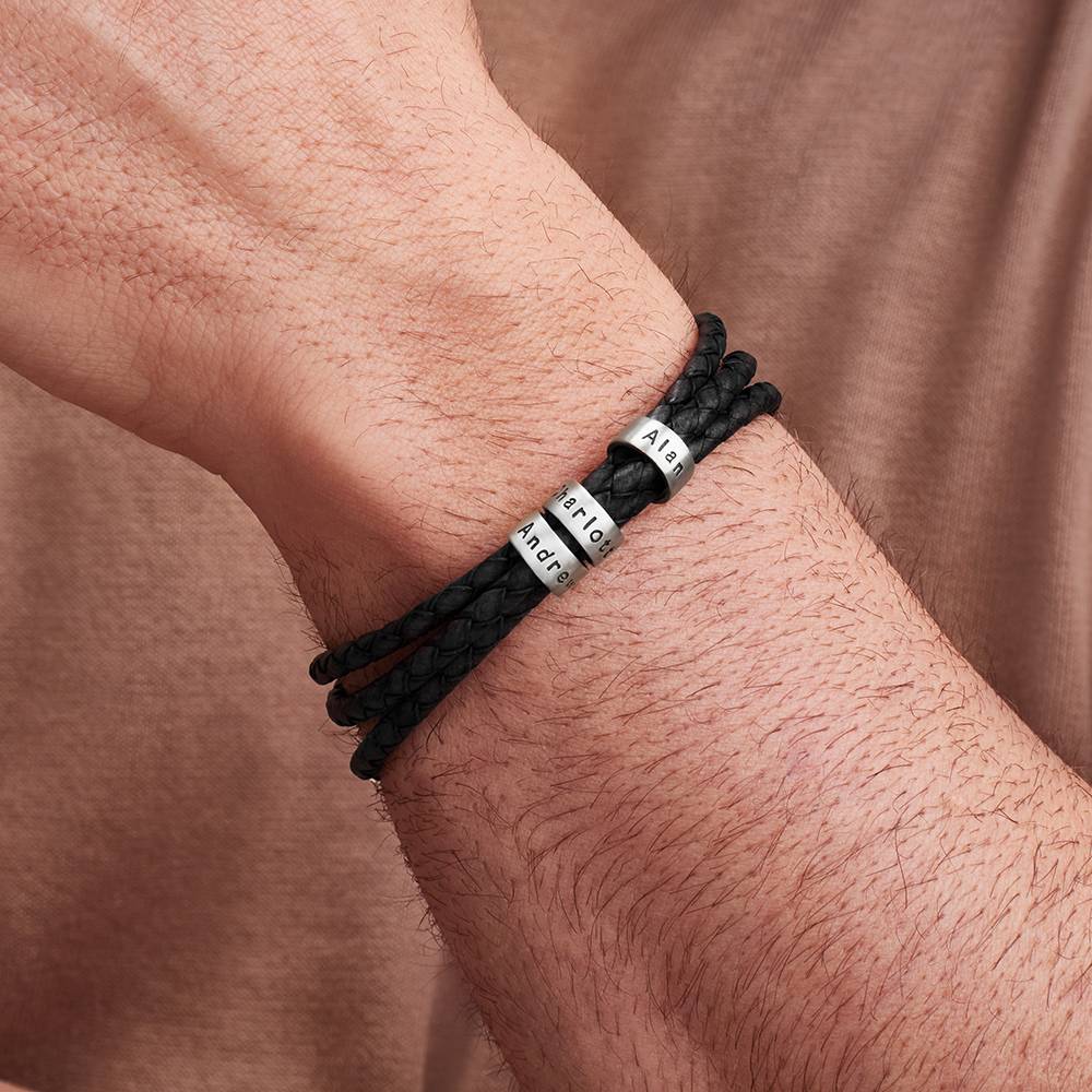 Pulsera de Cuero Negro Trenzado Navigator con Cuentas Grabadas en Oro Blanco 14K-4 foto de producto