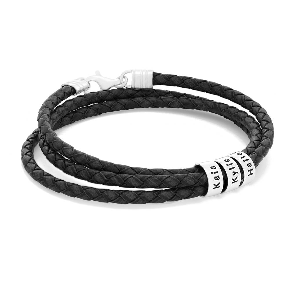 Pulsera de Cuero Negro Trenzado Navigator con Cuentas Grabadas en Oro Blanco 14K-3 foto de producto
