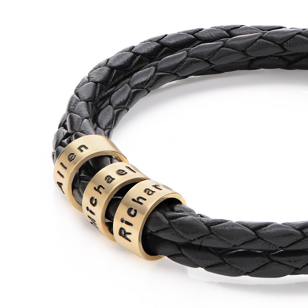 Pulsera de Cuero Negro Trenzado Navigator con Cuentas Grabadas en Oro Sólido 14K-4 foto de producto