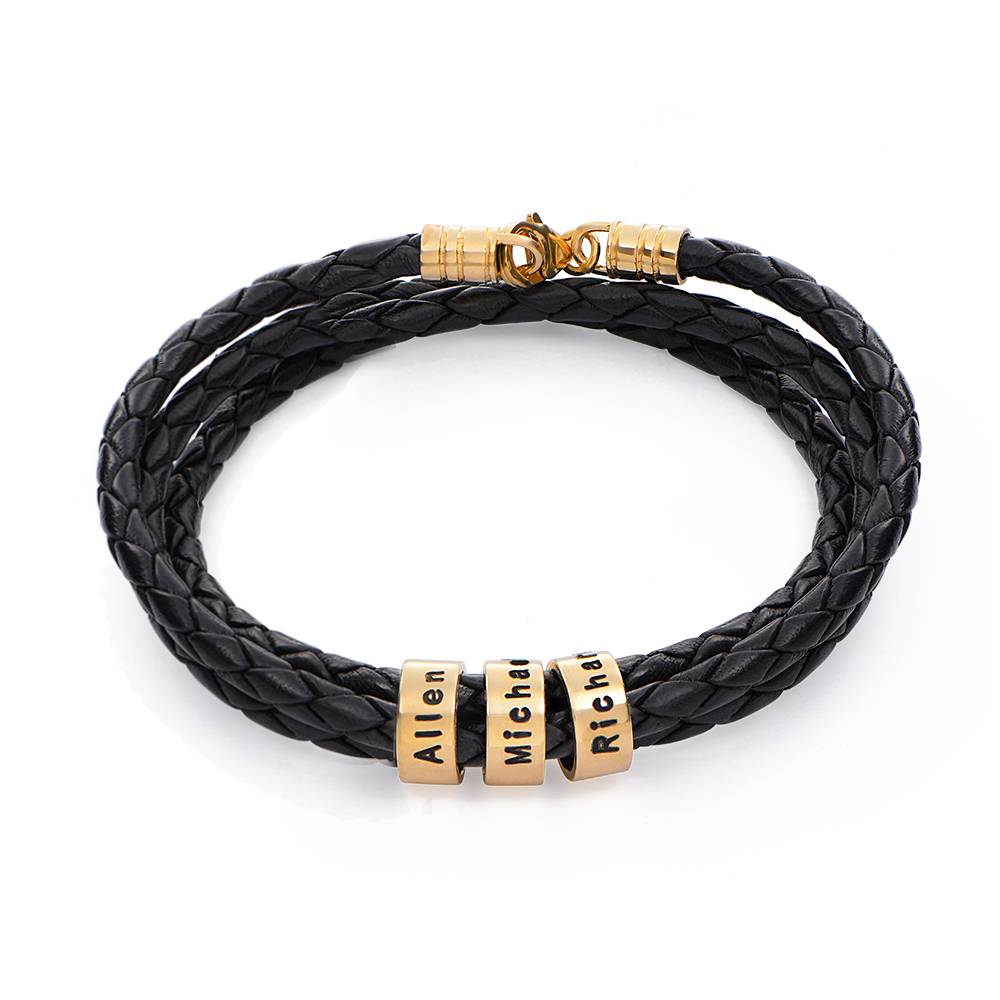 Pulsera de Cuero Negro Trenzado Navigator con Cuentas Grabadas en Oro Sólido 14K-1 foto de producto