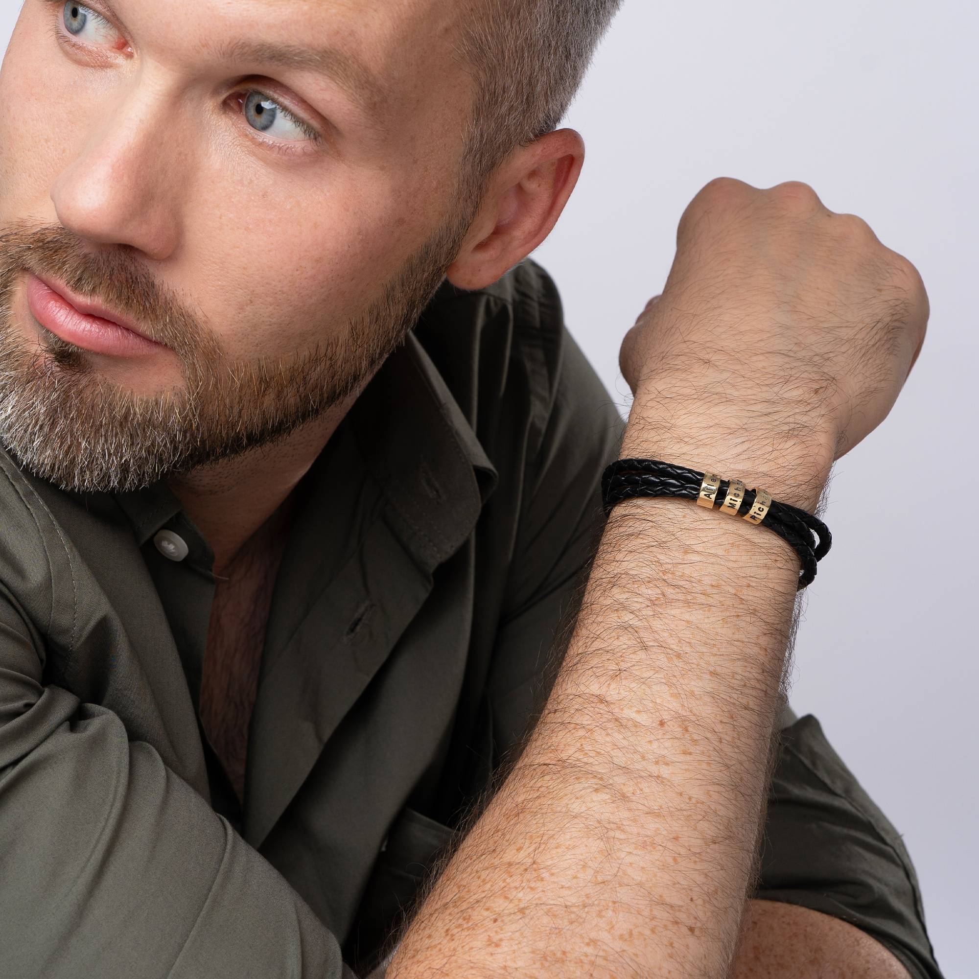 Pulsera de Cuero Negro Trenzado Navigator con Cuentas Grabadas en Oro Sólido 14K-2 foto de producto