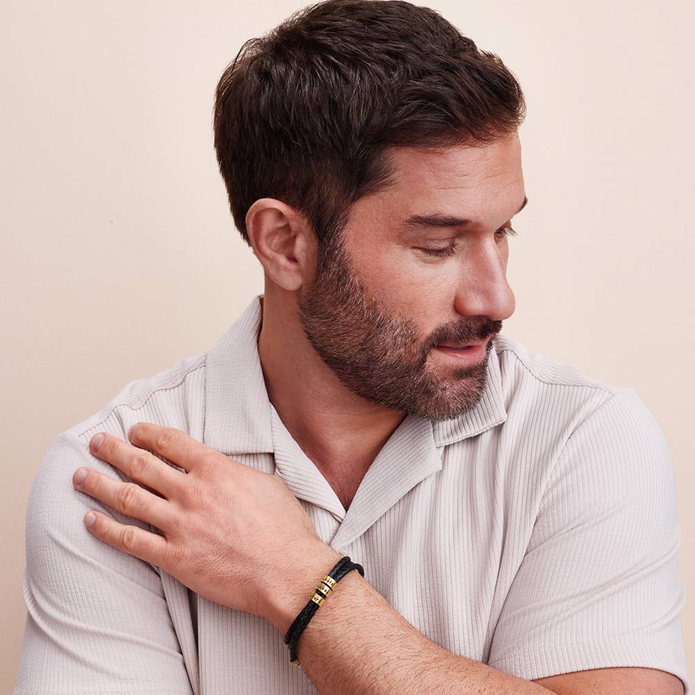 Pulsera de Cuero Negro Trenzado Navigator con Cuentas Grabadas en Vermeil de Oro-5 foto de producto