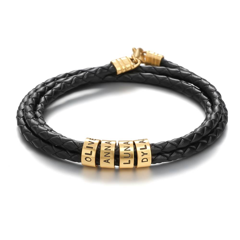 Pulsera de Cuero Negro Trenzado Navigator con Cuentas Grabadas en Baño de Oro-3 foto de producto