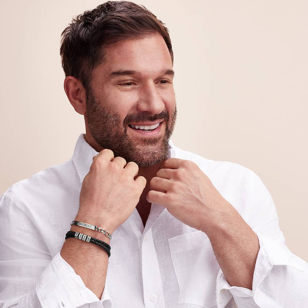 Pulsera de Cuero Marrón Trenzado Navigator con Cuentas Grabadas en Oro Blanco 14K-4 foto de producto