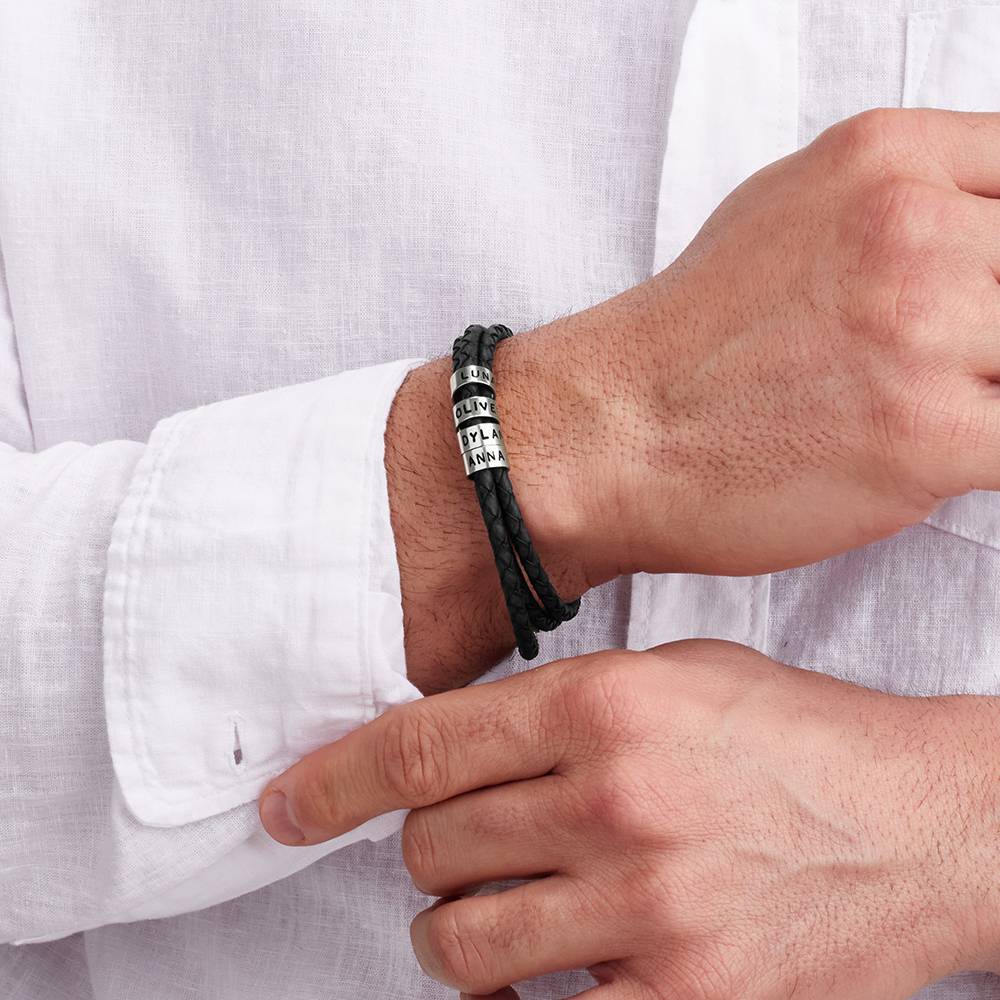 Pulsera de Cuero Marrón Trenzado Navigator con Cuentas Grabadas en Oro Blanco 14K-5 foto de producto