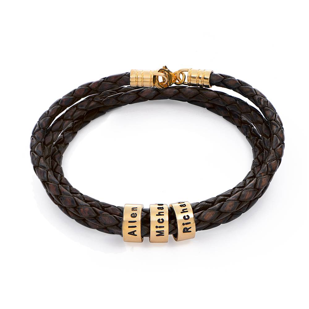 Pulsera de Cuero Marrón Trenzado Navigator con Cuentas Grabadas en Oro Sólido 14K-1 foto de producto