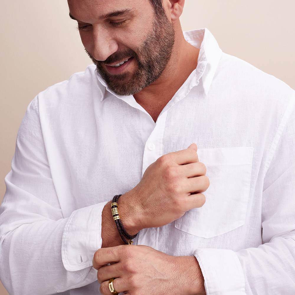 Pulsera de Cuero Marrón Trenzado Navigator con Cuentas Grabadas en Oro Sólido 14K-3 foto de producto