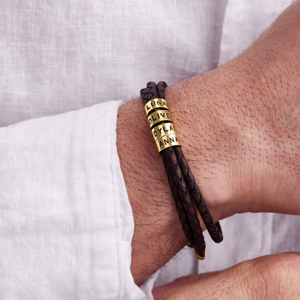Pulsera de Cuero Marrón Trenzado Navigator con Cuentas Grabadas en Oro Sólido 14K-4 foto de producto