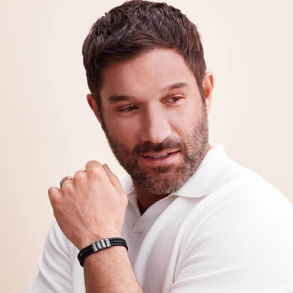 Pulsera de Hombre de Cuero Trenzado con Cuentas Verticales en Acero Inoxidable-3 foto de producto