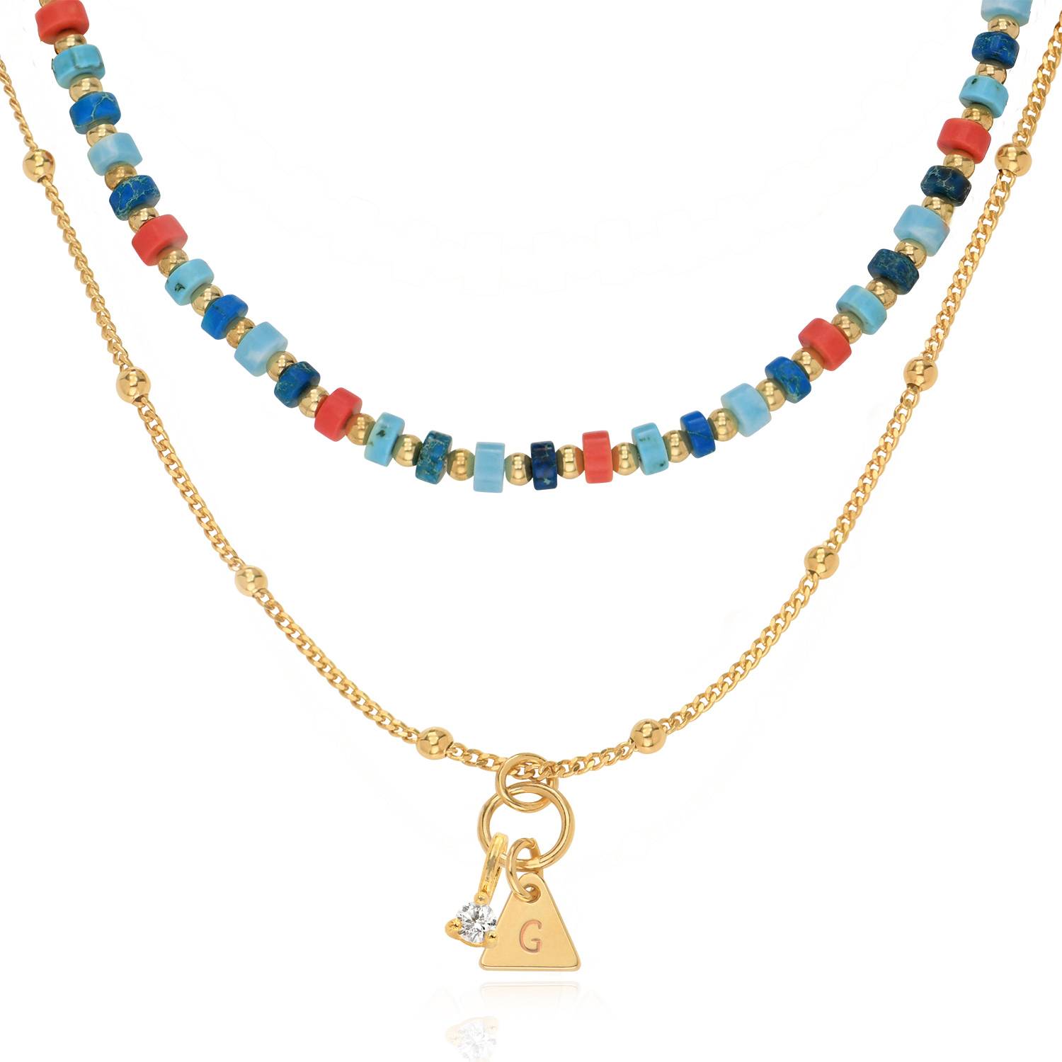 Collar de Cuentas en Capas del Pacífico con Iniciales y 0.10ct Diamantes en Chapa de Oro-1 Collar de Cuentas en Capas del Pacífico con Iniciales y 0.10ct Diamantes en Chapa de Oro-1 foto de producto
