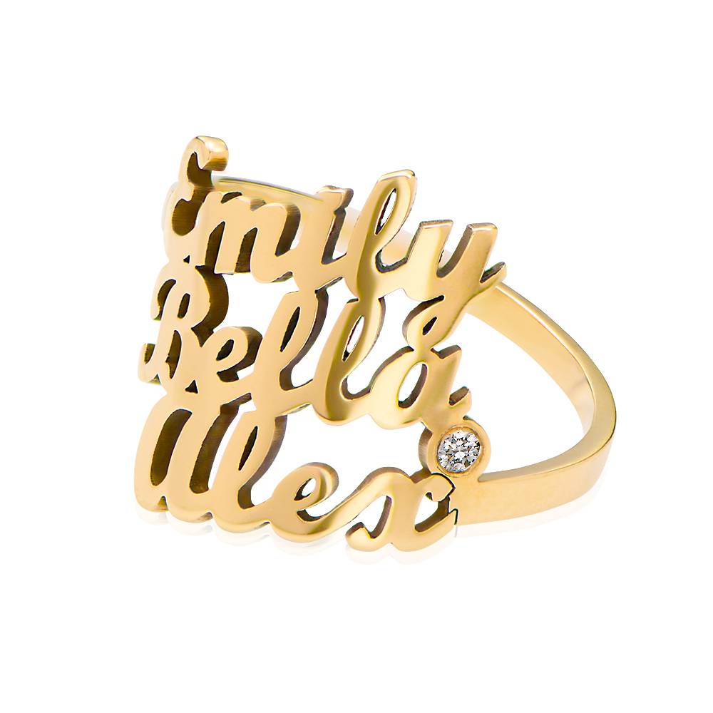 Anillo con Triple Nombre Script y Diamante en Vermeil de Oro-2 Anillo con Triple Nombre Script y Diamante en Vermeil de Oro-2 foto de producto
