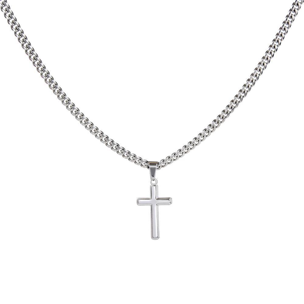 Collar Cruz Grabada con Cadena Cubana en Acero Inoxidable-4 foto de producto