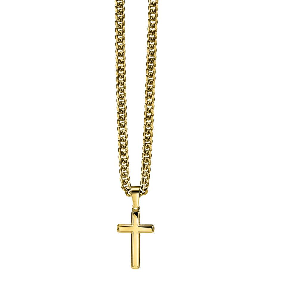 Collar Cruz Grabada con Cadena Cubana en Acero Inoxidable Chapado en Oro-1 Collar Cruz Grabada con Cadena Cubana en Acero Inoxidable Chapado en Oro-1 foto de producto